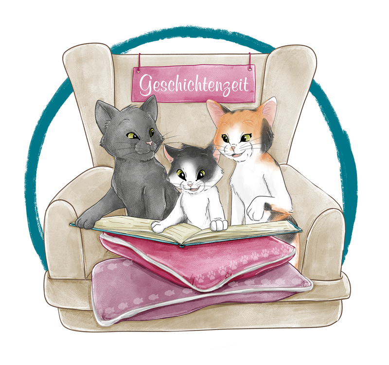Catpurri Geschichtenzeit: Drei Katzen sitzen auf einem Sessel und lesen sich ihre Abenteuer vor.